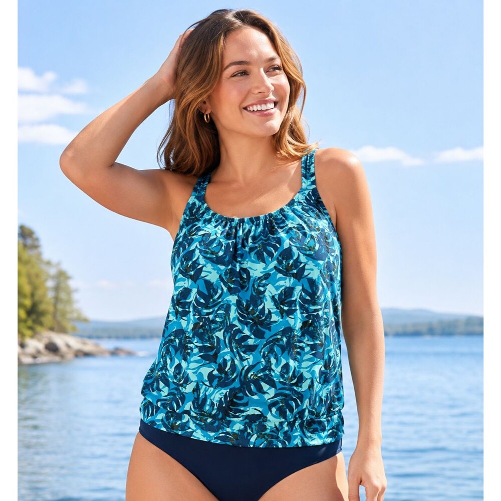 L.L.Bean Tropical Tankini Swim Top Size 12 UPF 50+ Lined Adjustable Straps Blue